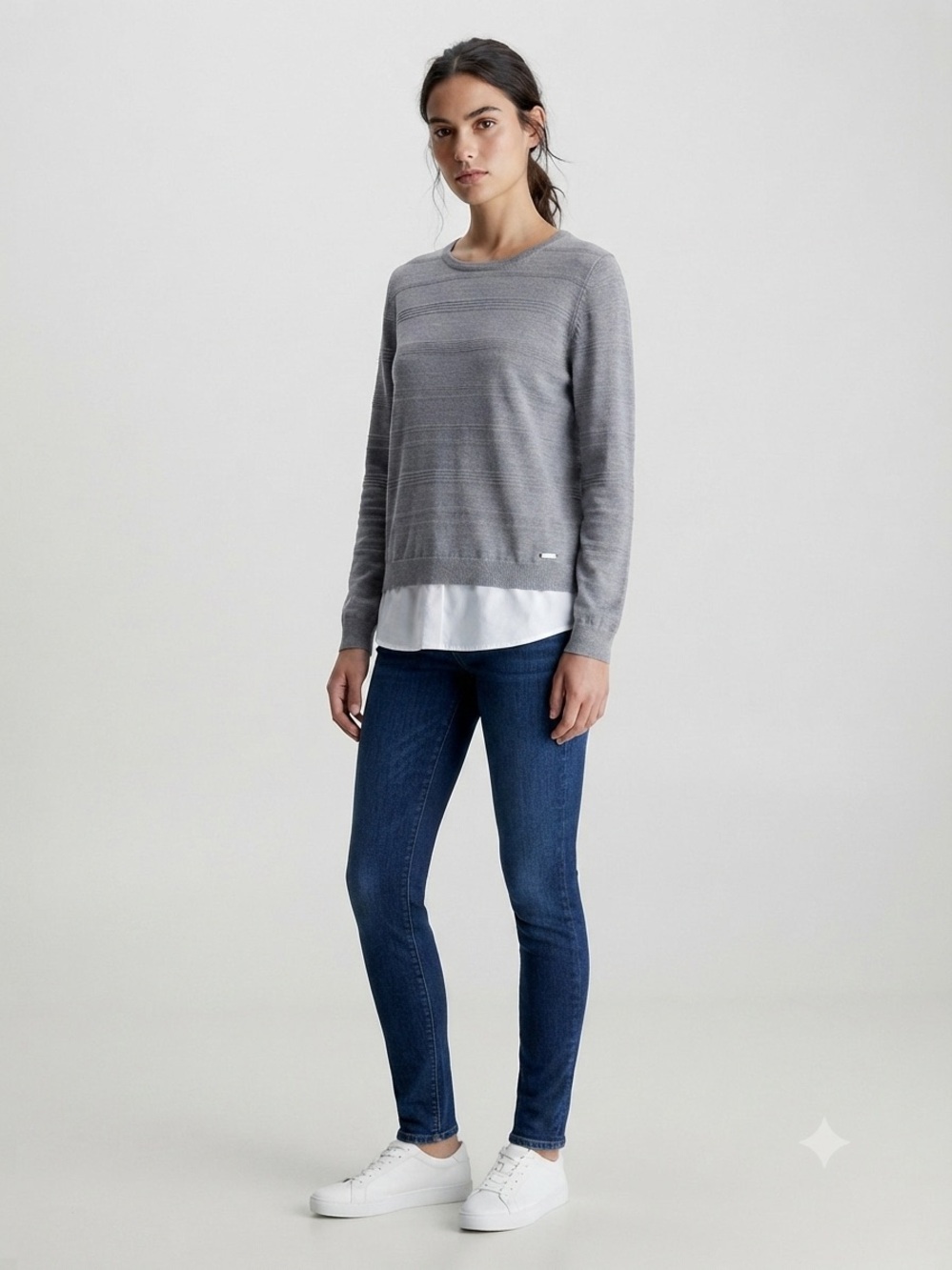 Calvin Klein Women's Size L Gray 2-in-1 Layered-Look Sweater & Shirt Hem